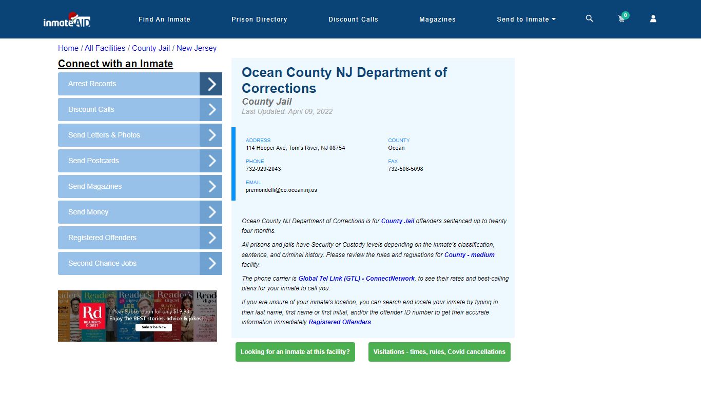 Ocean County NJ Department of Corrections - Inmate Locator - Tom's ...